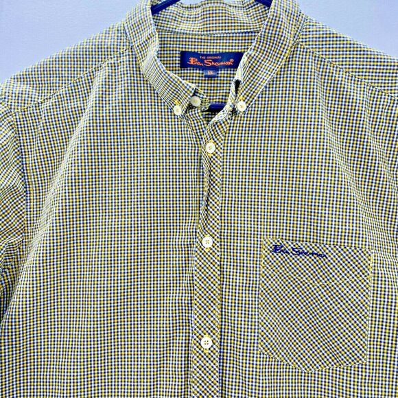 Ben Sherman Mens XL Long Sleeve Button Down Yellow Gold & Blue Plaid Shirt - Picture 2 of 12